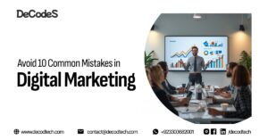 Digital marketing team discussing strategy with SEO graphs and analytics on screens, representing digital marketing mistakes and solutions.