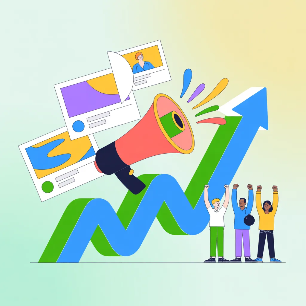 A growing brand celebrating social media success with rising engagement graph and content strategy icons in 2025