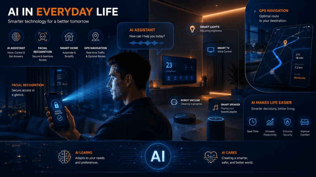 AI across industries showing healthcare diagnostics, retail personalization, banking fraud detection and smart marketing campaign automation AI in everyday life 