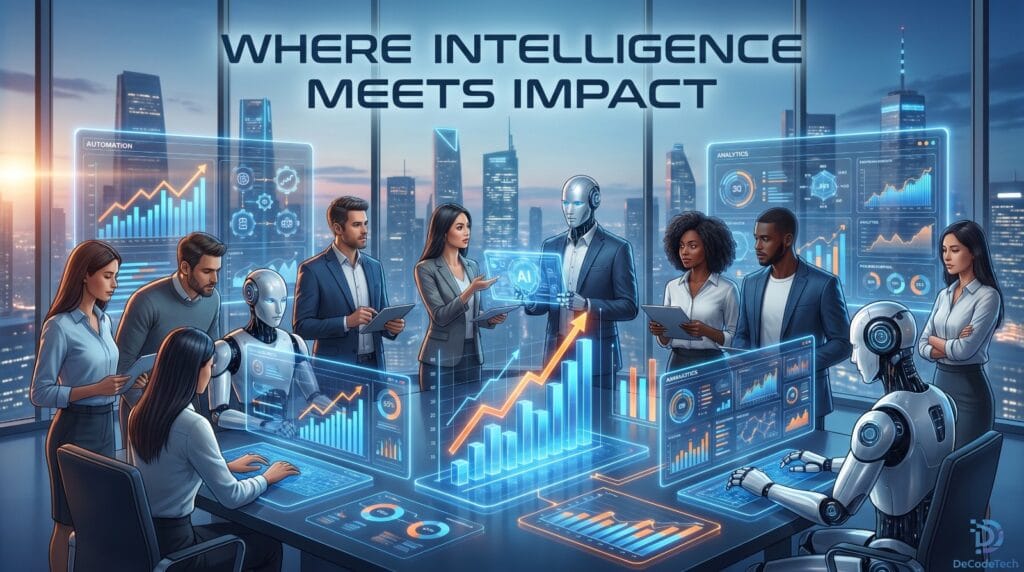 DeCodeTech AI powered business solutions showing human and AI collaboration with automation workflows data analytics and intelligent marketing systems
