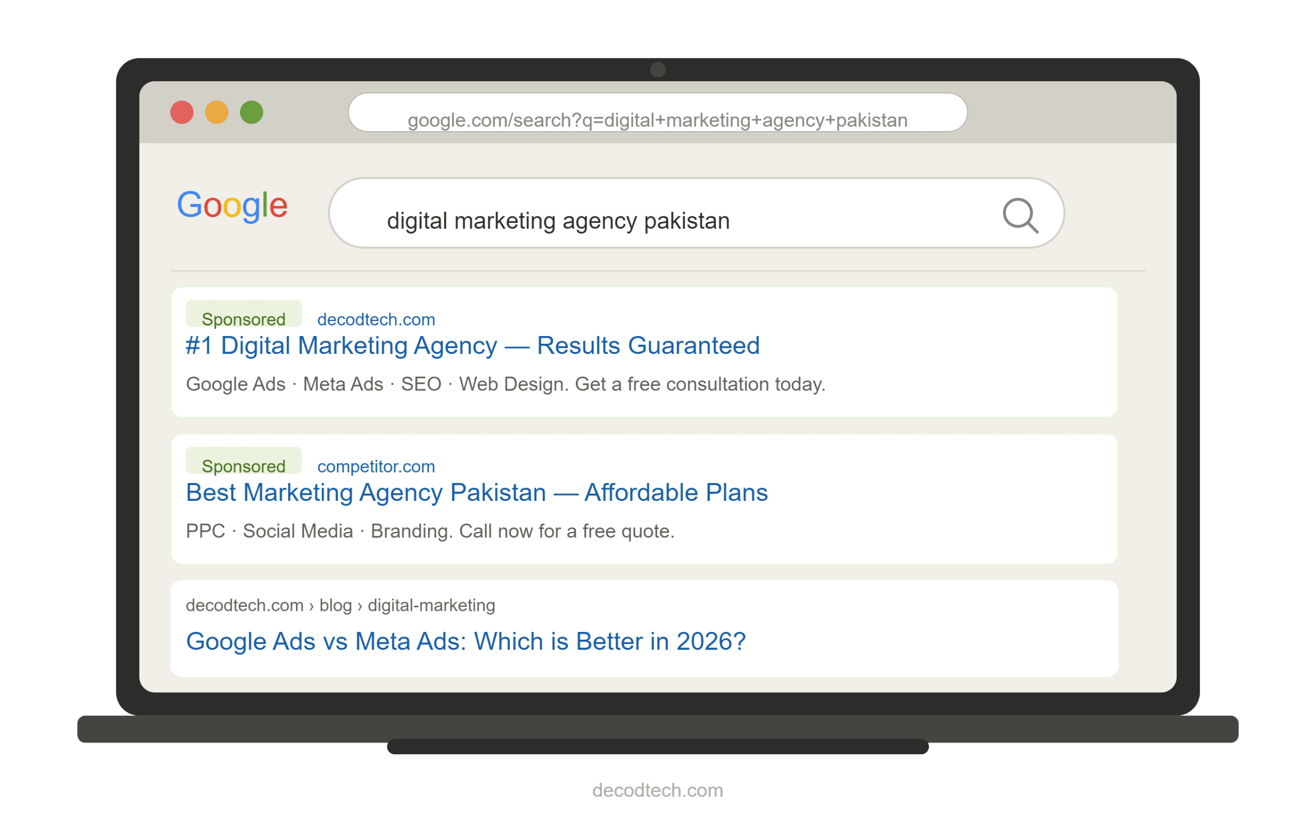 Business decision illustration showing two paths — Google Ads for local services and Meta Ads for e-commerce