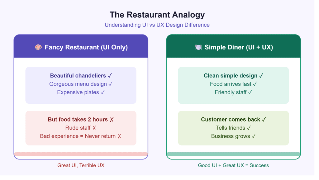 Two restaurant comparison showing UI vs UX design difference — left side shows fancy restaurant with beautiful decor but bad service, right side shows simple diner with great food and fast friendly service UI and UX design difference 