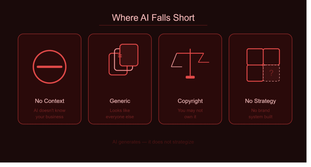 Dark red infographic showing four AI limitations: no context, generic output, copyright issues, and no brand strategy