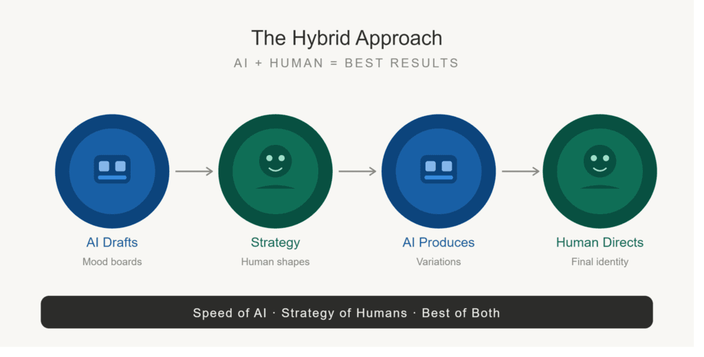 Diagram showing AI for one-off quick content and human designer for long-term brand identity with hybrid approach option below