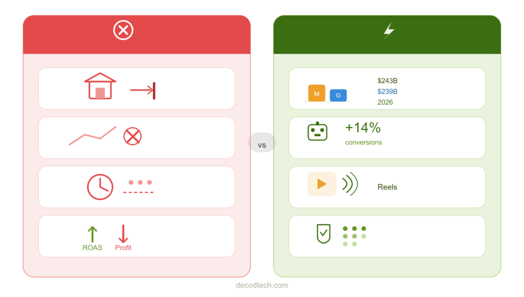 Visual comparison of common Google Ads and Meta Ads mistakes versus key digital advertising shifts happening in 2026