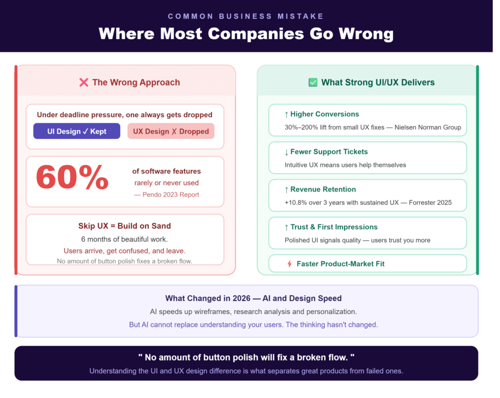 White background infographic showing two panels — left red panel with wrong approach where UX design gets dropped under deadline pressure and 60% software features go unused according to Pendo 2023, right green panel showing five business results of strong UI UX design including 200 percent conversion lift from Nielsen Norman Group and 10.8 percent revenue retention from Forrester 2025, with a purple AI design speed section and a dark navy quote saying no amount of button polish will fix a broken flow UI and UX design difference 